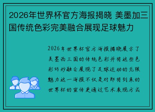 2026年世界杯官方海报揭晓 美墨加三国传统色彩完美融合展现足球魅力 2026年世界杯官方海报揭晓 美墨加三国传统色彩完美融合展现足球魅力